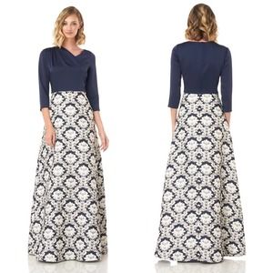 Kay Unger Navy Blue Damask Brocade 3/4 Sleeve A-Line Formal Gown Dress